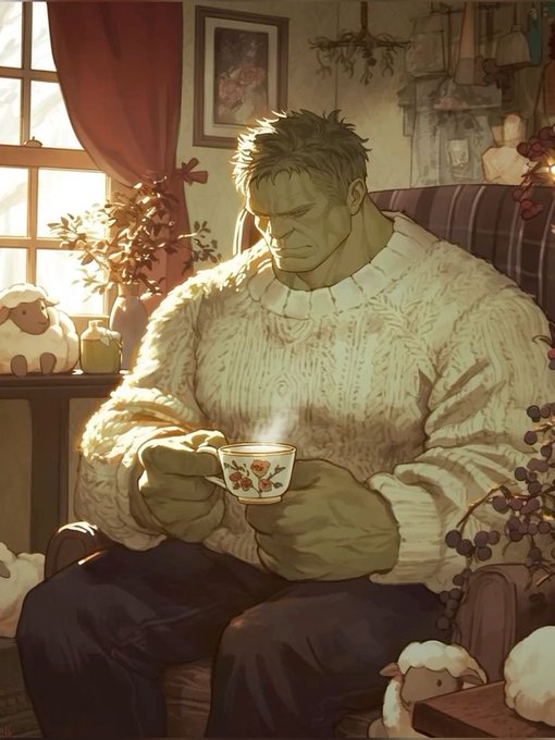 A cozy, warmly lit illustration shows the Hulk seated in an armchair, wearing an oversized cream cable-knit sweater and carefully holding a steaming floral teacup. Sheep decorations, plants, and homey furnishings surround him, with no visible text or names.
