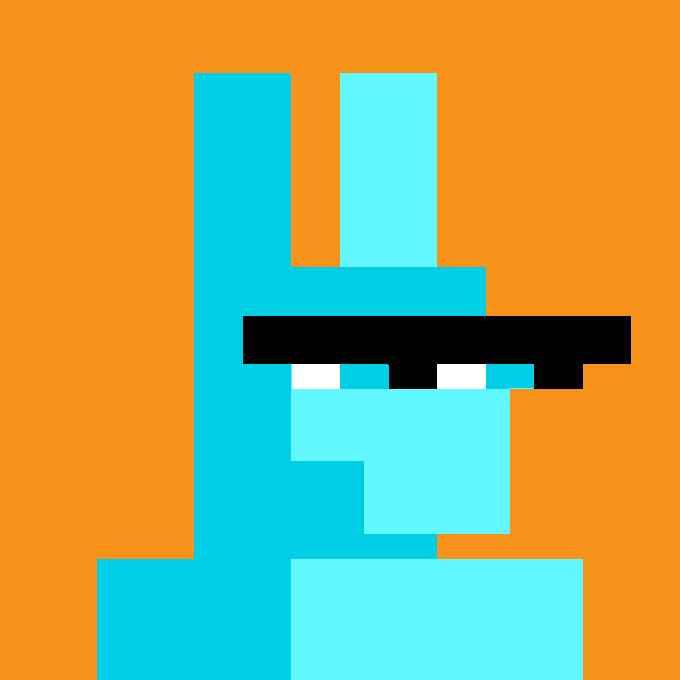 A simple pixel art character with cyan body and black sunglasses against an orange background.