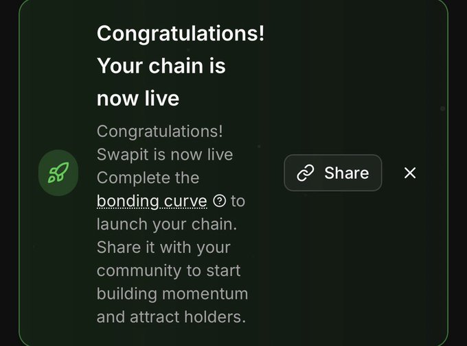 The image shows a screen displaying a congratulatory message for someone who has launched their own chain using @CNPYNetwork testnet. The message reads "Congratulations! Your chain is now live!". The background of the image is black, making the white text stand out prominently. There are two green buttons in the image: one on the left side and another on the right side. These buttons have a small rocket icon on them.