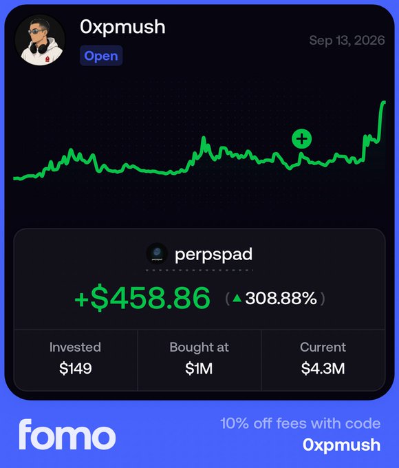A 'fomo' app investment card showing a green performance chart for user 'Oxpmush,' detailing a +$458.86 profit (308.88%) on a memecoin.