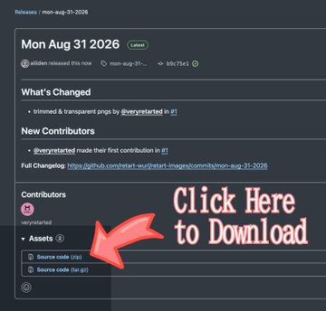 A GitHub release page screenshot for "mon-aug-31-2026" by alilden, showing changelog with "trimmed & transparent pngs by @overrated" and contributor count of 3, with a large pink arrow and "Click Here to Download" text overlay pointing to the source code assets.