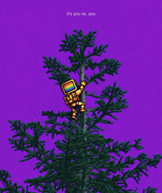 Artwork featuring a retro CRT-headed astronaut climbing a pine tree against a purple starry background with the text 'it's you vs. you.'