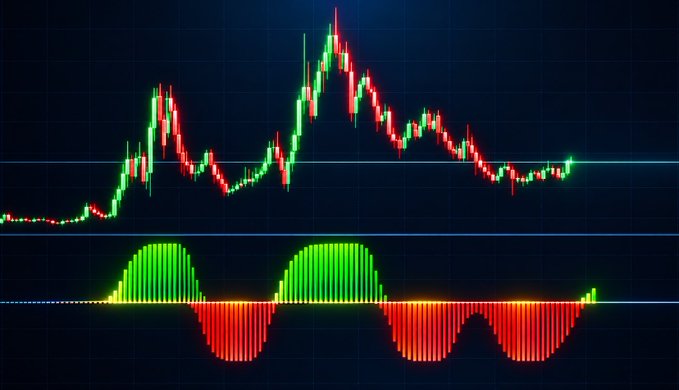 A crypto price chart with an oscillator indicator showing green (bullish) and red (bearish) histogram bars at the bottom, where the current bars are turning green—signaling what the post interprets as the start of a third altcoin bullrun.