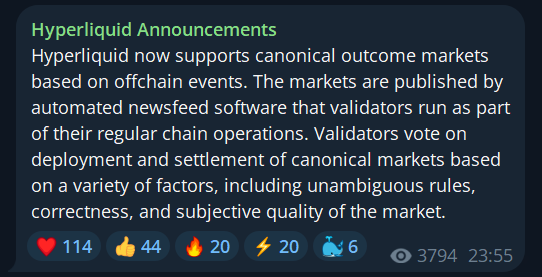 The image shows a screenshot of a message posted on social media, which appears to be about Hyper Liquid Launches. The text in the image reads "Hyperliquid Launches now supports cannonical outcome markets based on offchain events". This information is likely related to the cryptocurrency market and its underlying technology, Hyper Liquid.