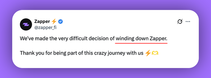 A screenshot of a tweet from the verified Zapper account (@zapper_fi) announcing the shutdown of the platform, with key text reading: "We've made the very difficult decision of winding down Zapper. Thank you for being part of this crazy journey with us." The image visually confirms the accompanying post's news about the Web3 portfolio tracker sunsetting on August 3.