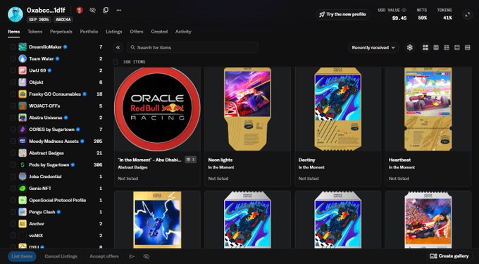 A screenshot of a digital collectibles marketplace interface showing a user profile 'Oxabc...tdff' with an SEP 2025/ARECA banner, displaying USD value $9.46, RARITY 59%, and VOTING 41%. The collection features Oracle Red Bull Racing items like 'In the Moment', 'Neon Lights', and 'Destruct'.