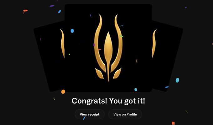 A digital success screen displays 'Congrats! You got it!' with a golden emblem and confetti, along with 'View receipt' and 'View on Profile' buttons.