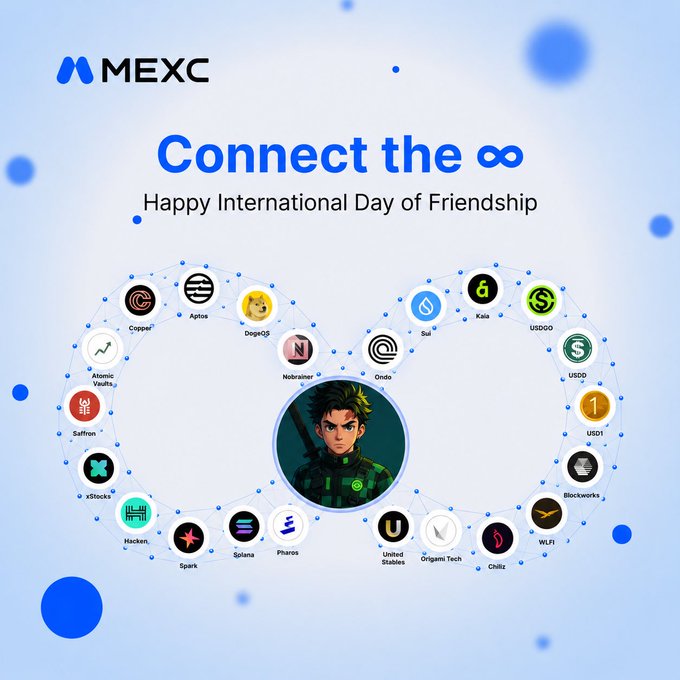 MEXC celebrates International Day of Friendship by visually connecting various projects like Solana, Sui, and Aptos within an infinity symbol, highlighting ecosystem growth and opportunities.