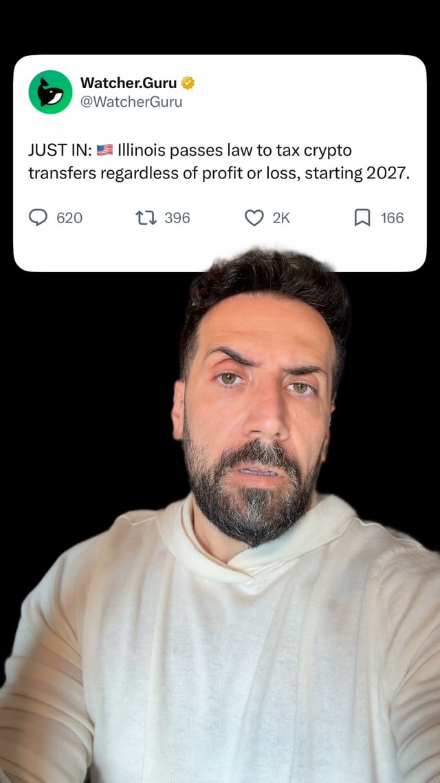 The image features a man wearing a white shirt with a beard and looking at the camera. The caption of the image includes a reference to a post by someone named "WatcherGuru" that reads, "JustINIT. USA passes law to tax crypto transfers regarding profit or loss, starting in 2021". This suggests that the man is discussing a recent event related to cryptocurrency regulation in the United States.