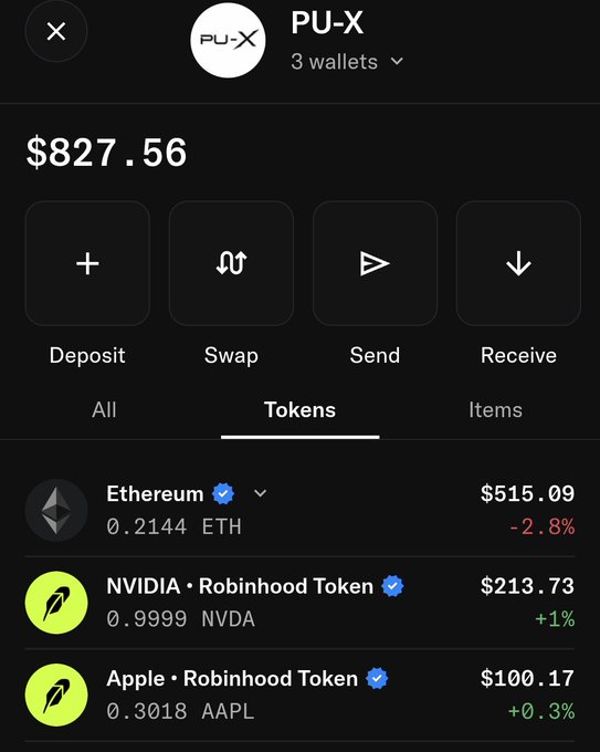 A screenshot of a crypto wallet (PU-X) showing a total balance of $827.56 across three wallets, displaying Ethereum (0.2144 ETH, $515.09, -2.8%), NVIDIA Robinhood Token (0.9999 NVDA, $213.73, +1%), and Apple Robinhood Token (0.3018 AAPL, $100.17, +0.3%). The image illustrates the post's warning about being scammed by fraudulent investment schemes, as it appears to show a real wallet being used to showcase Robinhood tokens that the poster is likely warning others are part of a scam involving fund manipulation.