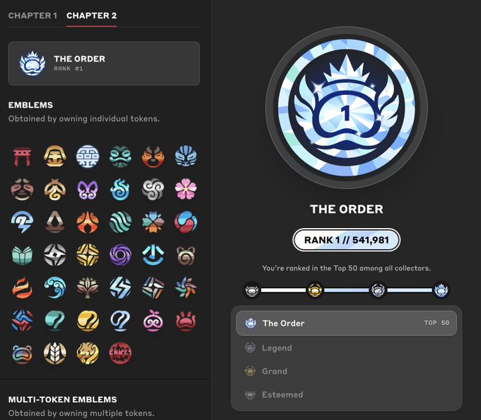 The image shows a collector ranking interface displaying "THE ORDER" at "RANK #1 // 541,981," placing the user in the Top 50 among all collectors, alongside a grid of various emblems obtained by owning individual tokens.

The image relates to the post by illustrating a tiered ranking system (Esteemed, Grand, Legend, The Order) that balances perception (status/rank display) with participation (token ownership), supporting the user's point that the foundation for such a nuanced system is already in place.
