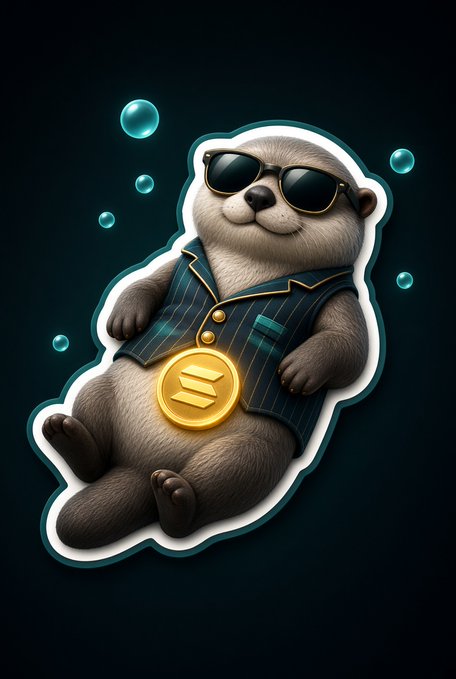 A sticker-style illustration shows a relaxed otter wearing sunglasses, a striped vest, and a large gold coin medallion, floating among blue bubbles.