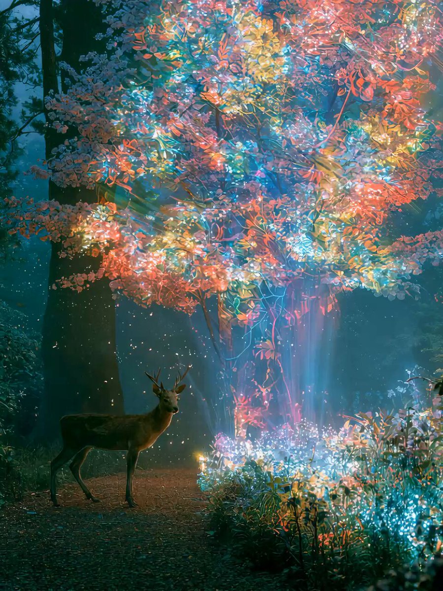 The image features a deer standing near a tree with colorful lights shining from its branches, creating an ethereal atmosphere. The deer appears to be looking at something or someone off-camera, possibly indicating that they are witnessing a sacred encounter. The scene is set in a forest, and there's a sense of tranquility and spiritual connection between the deer and the surrounding nature.