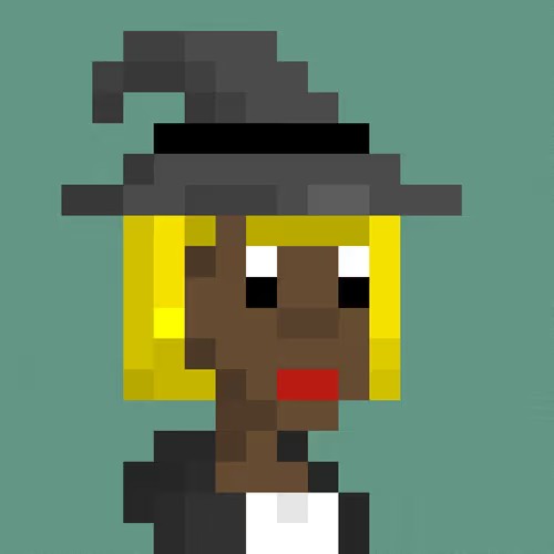 A pixel art portrait of a person with brown skin, a black hat, blonde hair, and red lips against a teal background.