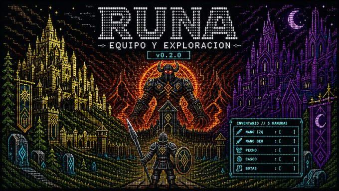 Pixel art titled 'RUINA - Equipo y Exploración v0.2.0' featuring a knight facing a horned demon in front of a castle, with an inventory showing 5 empty equipment slots for hand, weapon, chest, helmet, and boots.