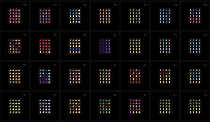 A grid of small dark panels, each containing a 5x5 arrangement of multicolored dots, with small numbers like '01' and '02' faintly visible in the upper corners of each panel.