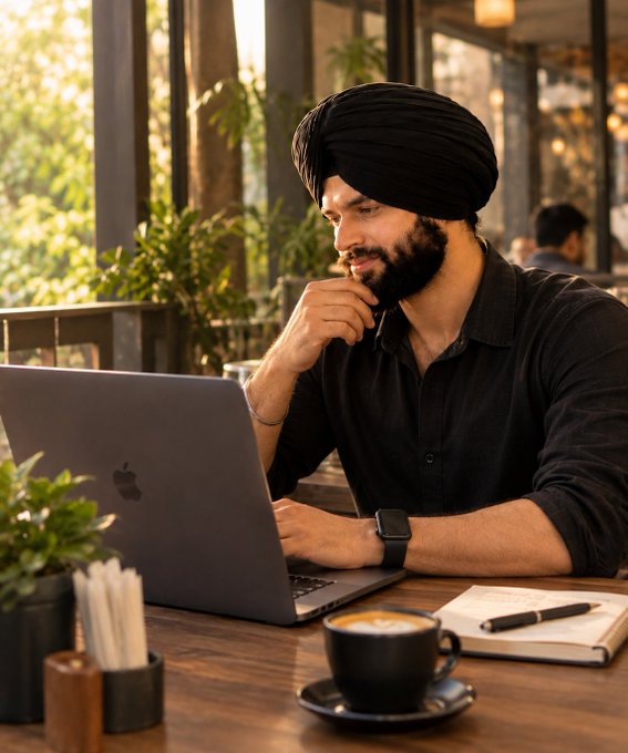 A bearded man wearing a black turban and dark shirt sits at a wooden table in a cafe, working on a silver Apple laptop with a cappuccino and notebook nearby.