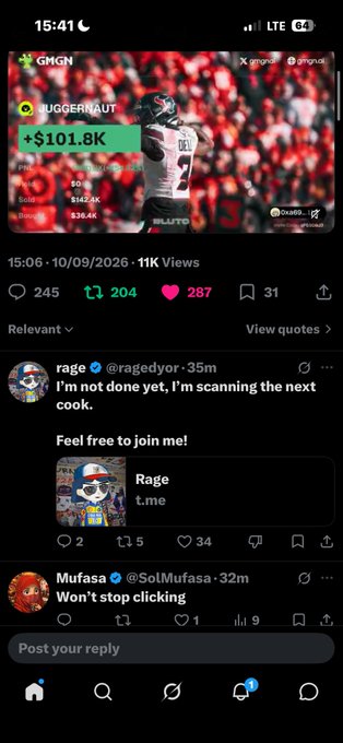 A mobile screenshot of a GMGN post showing a football player with stats and a "+$101.8K" gain, viewed 11K times with comments from users like @ragedyo and @SolMufasa.