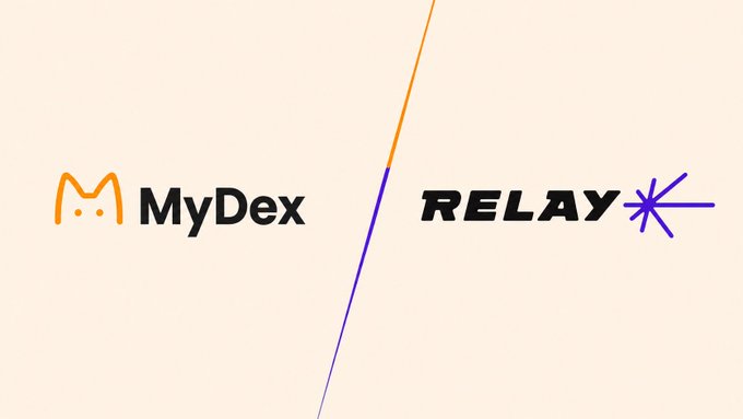 The image features a logo for two companies named MyDex and Relay Protocol. The logo consists of an orange cat with its eyes closed and a purple star shining brightly above it. Below the cat logo, there are two lines of text that read "MyDEX" and "RELAY". These words are written in black against a white background. The image also includes a caption below the logo that reads "Focus on what is in the image and how it relates to the post".