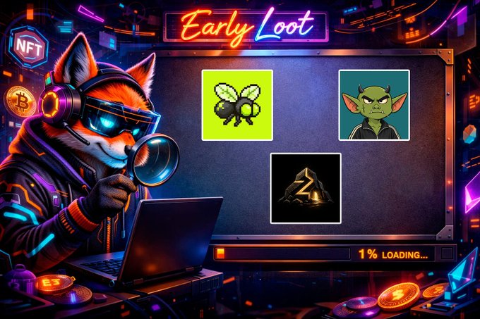 A neon-lit cyberpunk promotional graphic featuring a fox character with headphones and sunglasses holding a magnifying glass, displaying NFT items and 'Early Loot' text with '1% LOADING...' at the bottom.