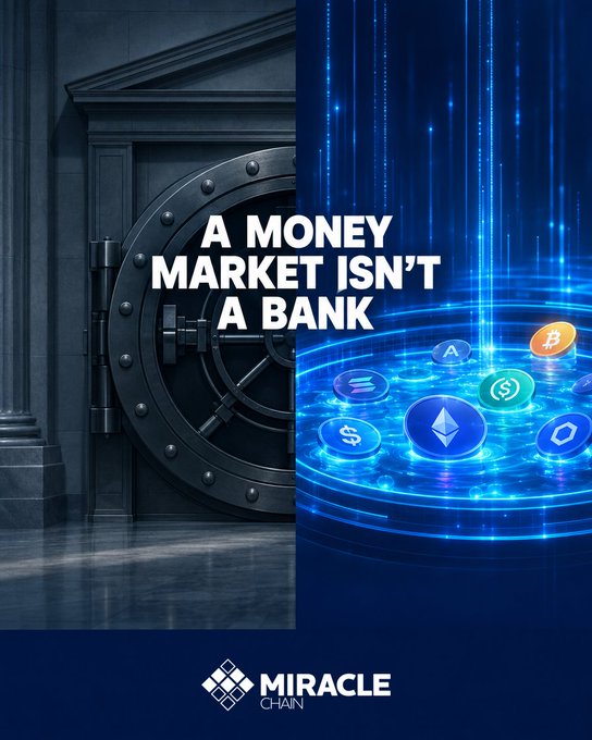 A financial graphic contrasting a bank vault with cryptocurrency coins, titled "A MONEY MARKET ISN'T A BANK" and branded with "MIRACLE CHAIN" at the bottom.