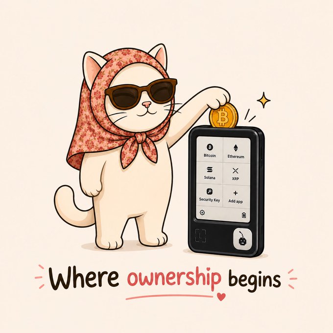 An illustration of a white cat wearing sunglasses and a floral headscarf holding a Bitcoin coin next to a hardware wallet, with the text 'Where ownership begins'.