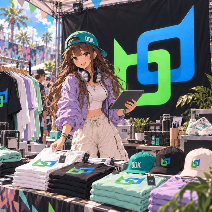 An anime-style girl wearing a green 'OOK' cap and purple jacket holds a tablet while standing behind a merchandise table displaying branded apparel and hats.