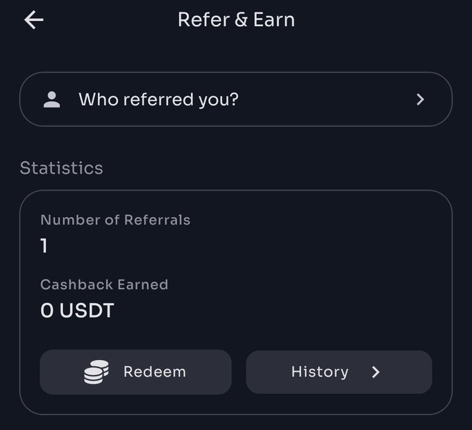 The image shows a phone screen displaying information about a program called "Refer & Earn". The program allows users to earn money by referring others, which can be done through a cashback reward system or by participating in a history feature. The user interface is simple and straightforward, with a clear layout of the options available for the user to explore.