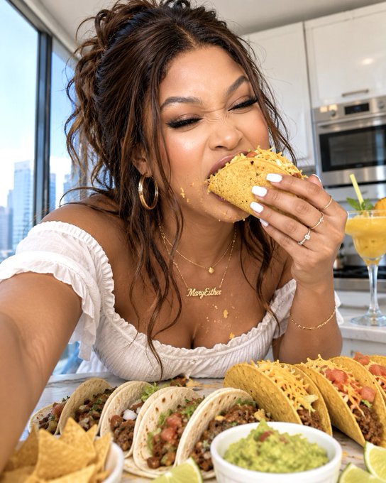 A woman taking a selfie while biting into a taco, with several more tacos and a bowl of guacamole arranged on the table in front of her.