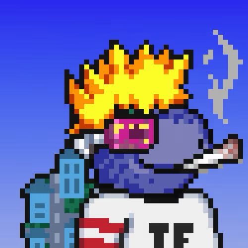 Pixel-art illustration of a purple turtle with a flame crown smoking a large cigar, with a stylized 'TF' logo and city buildings in the background.