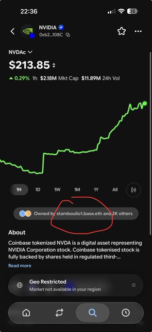 The image shows the Base App displaying details for "Coinbase tokenized NVDA" (NVDAc) priced at $213.85, with the user pointing out that they are listed as the largest known holder ("Owned by stambouli1.base.eth and 2K others"), jokingly referring to themselves as the biggest "doxxed whale" of Base stock tokens. The post humorously highlights this discovery while comparing the Base app with the O1 Exchange mobile app for feature parity.