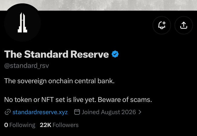 This image shows the verified Twitter/X profile of "The Standard Reserve" (@standard_rsv), described as "The sovereign onchain central bank," which displays a warning that "No token or NFT set is live yet. Beware of scams"—notably contradicting the accompanying post's claim that the "STANDARD" token whitelist allocation is live, suggesting the tweet may be misleading or fraudulent since the official account states no token has been launched yet.