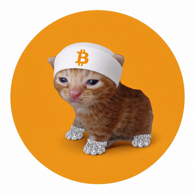 An orange tabby kitten wearing a white headband with the Bitcoin '₿' logo stands on small silver, diamond-encrusted feet against an orange circular background.