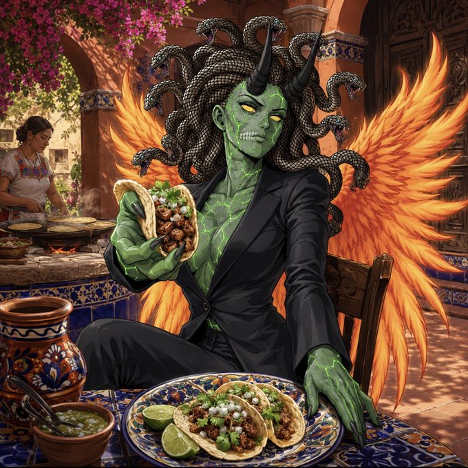 A fantasy illustration of a green-skinned horned demon with snake hair, wearing a black suit and orange wings, sitting at a table with tacos while a woman cooks in the background.