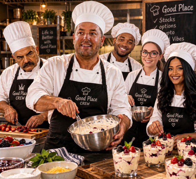A group of five smiling chefs wearing white hats and black aprons labeled 'Good Place CREW' are working in a kitchen, with the central chef whisking ingredients in a metal bowl surrounded by desserts and berries.