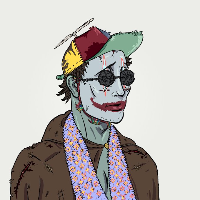 Digital drawing of a pale, scarred figure wearing round dark sunglasses, a propeller hat in red/yellow/green, and a brown jacket over a patterned shirt.