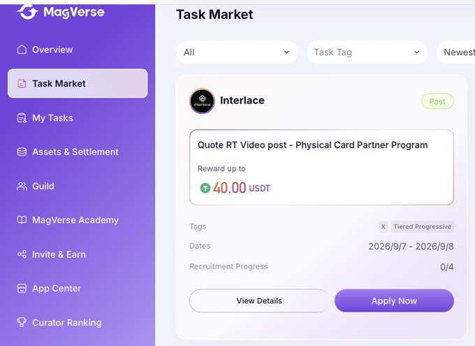 A screenshot of the MagVerse Task Market webpage showing a task from 'Interlace' titled 'Quote RT Video post - Physical Card Partner Program' with a reward up to 40.00 USDT.
