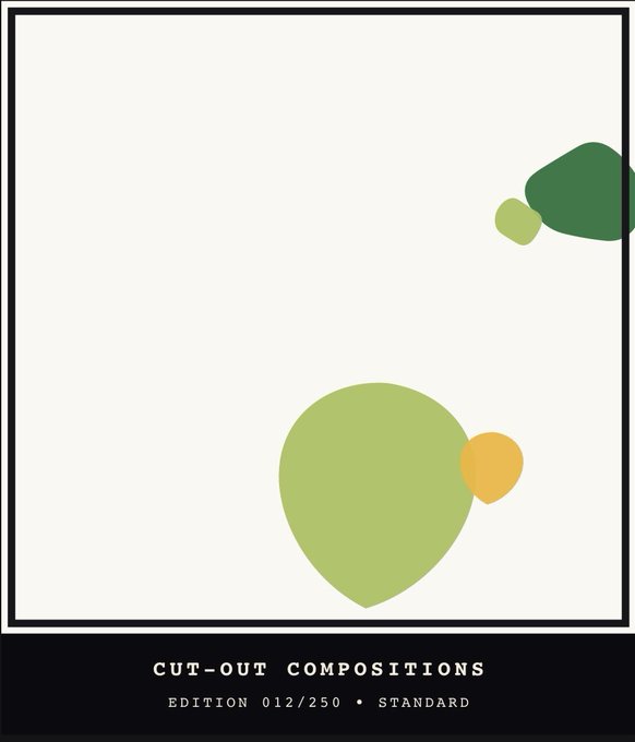 A minimalist artwork titled 'CUT-OUT COMPOSITIONS EDITION 012/250 • STANDARD' featuring simple green and yellow organic shapes on a white background.