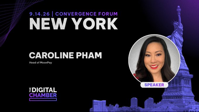 Promotional banner for 'The Digital Chamber' Convergence Forum in New York on 9.14.26, announcing speaker Caroline Pham, Head of MoonPay, alongside an image of the Statue of Liberty.