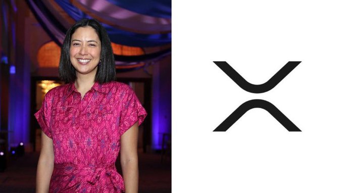 A side-by-side image showing a smiling woman with dark shoulder-length hair wearing a pink patterned dress on the left, and the XRP logo on the right.