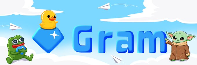 The image features the blue "Gram" logo accompanied by playful cartoon characters including a yellow duck, a green frog, and a Yoda-like figure, set against a sky background with paper airplanes. It visually represents the author's reflective journey into the TON/$GRAM ecosystem, with the cheerful mascots suggesting the fun, community-driven, and creative spirit that goes beyond just trading meme coins.