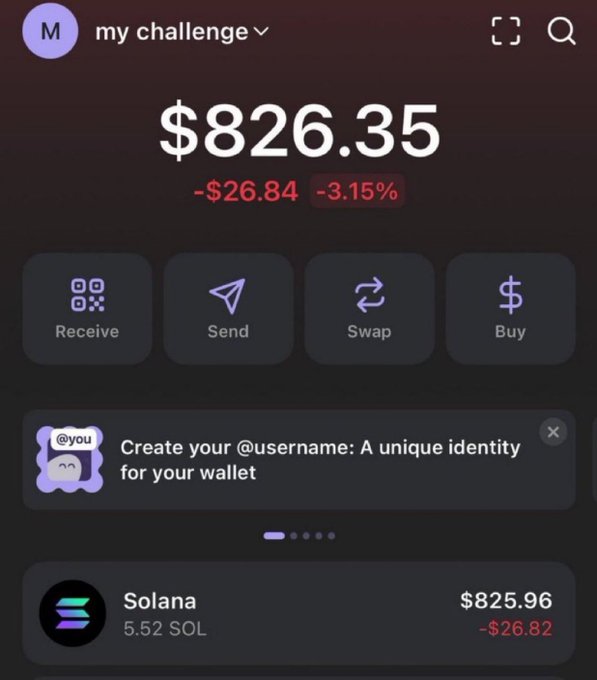A cryptocurrency wallet app screen showing a balance of $826.35 (-$26.84, -3.15%) with options to Receive, Send, Swap, and Buy, displaying 5.52 SOL (Solana) holdings.