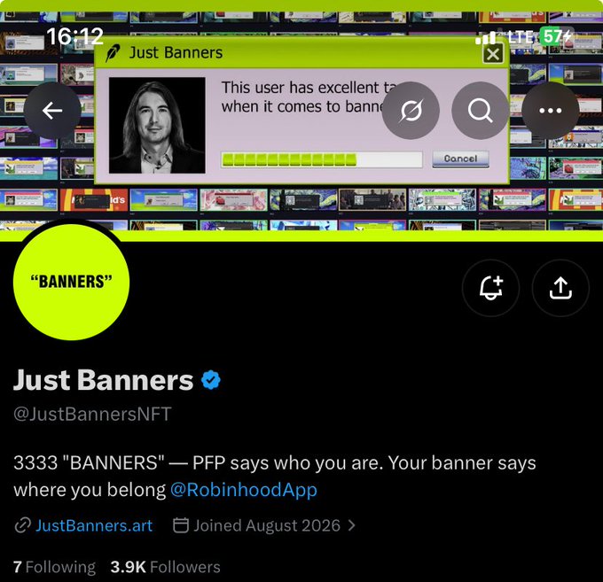 A Twitter/X profile for 'Just Banners' (@JustBannersNFT) with 3.9K followers, promoting 3333 'BANNERS' NFTs tied to @RobinhoodApp, with a banner parody dialog visible at the top.