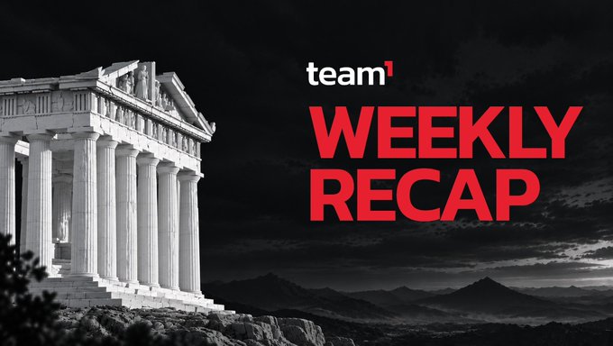A graphic titled 'team¹ WEEKLY RECAP' featuring a black-and-white image of an ancient Greek temple beside bold red text against a dark cloudy sky.