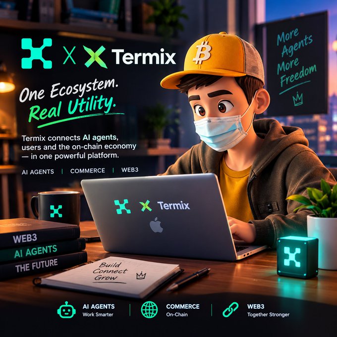 A promotional graphic for 'Termix' shows an illustrated character in a Bitcoin cap and face mask working on a laptop, with text highlighting 'One Ecosystem. Real Utility.' across AI Agents, Commerce, and Web3.