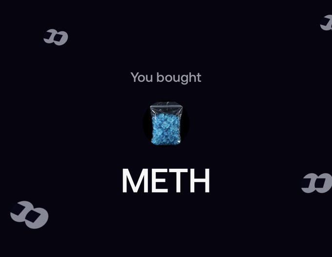 A dark screen with decorative "JD" logos displays the text "You bought" above an image of a blue crystalline substance in a clear bag, with "METH" written in large letters below, humorously framing a user's apparent real-life purchase of the meme cryptocurrency $METH and their dilemma about telling their mother about it.