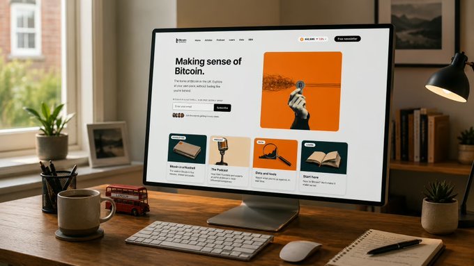 A modern desk setup displaying a computer monitor with a website titled "Making sense of Bitcoin" on Bitcoin (BTC), featuring book and product listings, accompanied by a keyboard, mouse, coffee mug, and plants in a sunlit home office.