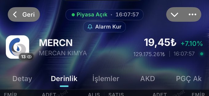 The image shows a Turkish stock market app displaying the MERCN (MERCAN KİMYA) ticker with a current price of 19.45₺ (+7.10%), market status "Piyasa Açık," and timestamp 16:07:57. This directly illustrates the poster's analysis of MERCN, referencing the key 19.80 resistance level and the potential 10% gain from a "tavan" (ceiling/limit-up) breakout they mentioned in their trading strategy.