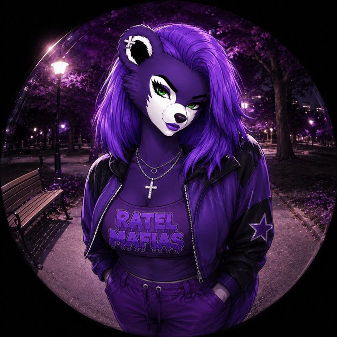 An artistic illustration of a stylized character with purple hair wearing a bear mask and a leather jacket with 'RATEL MAFIAS' printed on the shirt, set in a park with purple-toned lighting.