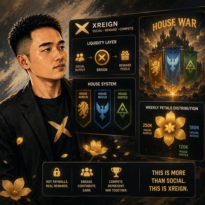 A promotional graphic for 'XREIGN' (Social · Reward · Compete) showing a man alongside a 'House War' system with three houses (Aureus, Novus, Vertex) and a 'Weekly Petals Distribution' of 250K, 180K, and 120K.